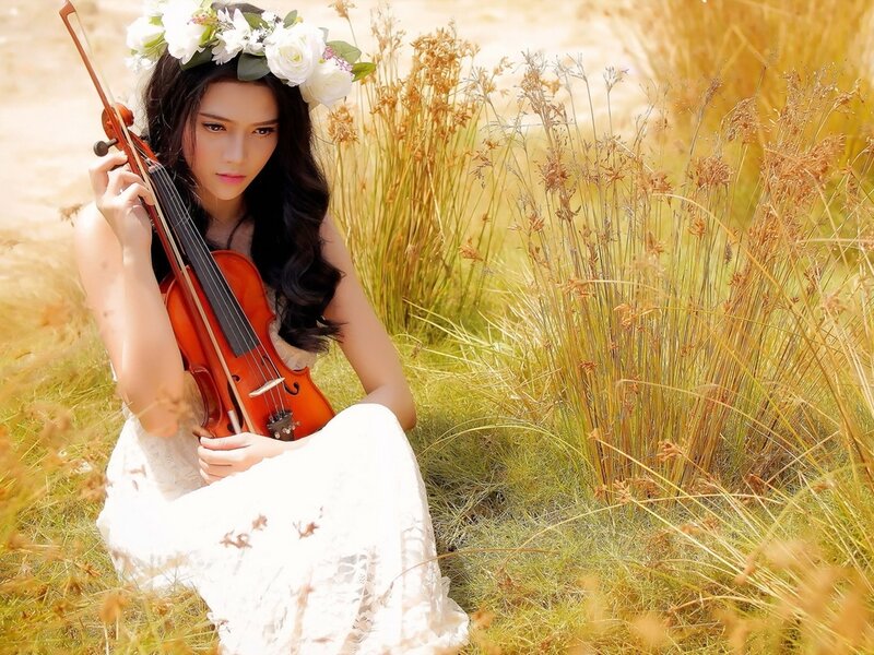 Woman with Violin — White, Serene