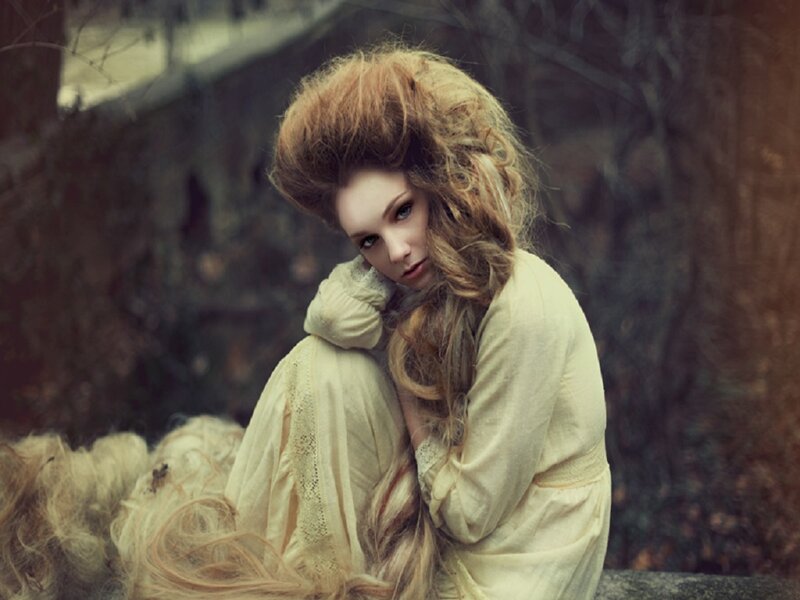 Woman with Voluminous Hair — Beige, Melancholic
