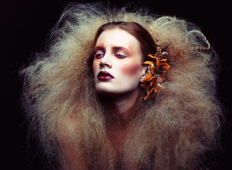 Woman with Voluminous Hair — Brown, Dramatic, Photograph, Flower Accessory