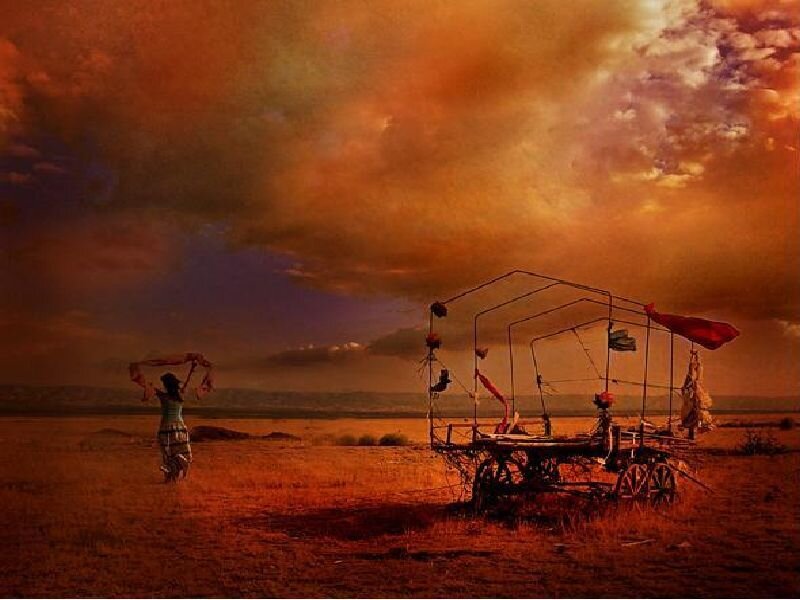 Woman with wagon in sunset