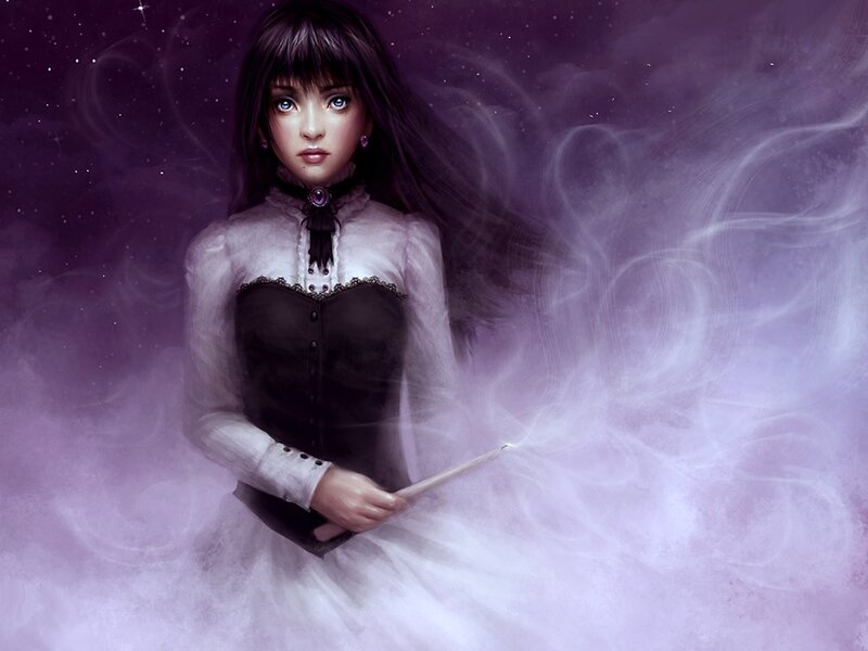 woman with wand in purple mist