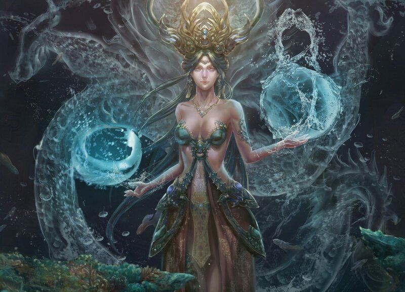 Woman with Water Magic — Blue, Dramatic, Digital Art