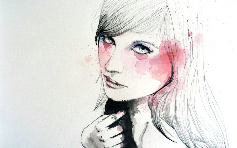 Woman with Watercolor Face — White, Dramatic