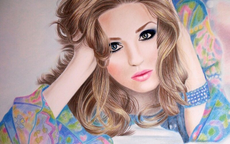 Woman with Wavy Hair — Blue, Calm, Illustration, Hand