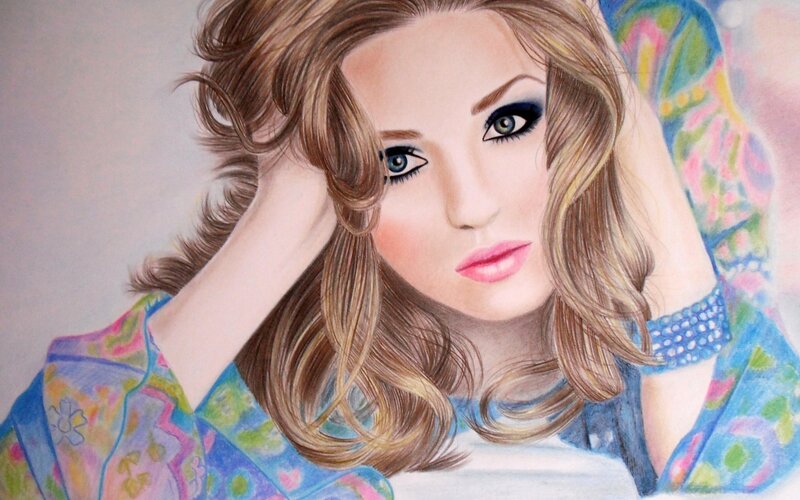 Woman with Wavy Hair — Blue, Calm, Illustration, Makeup