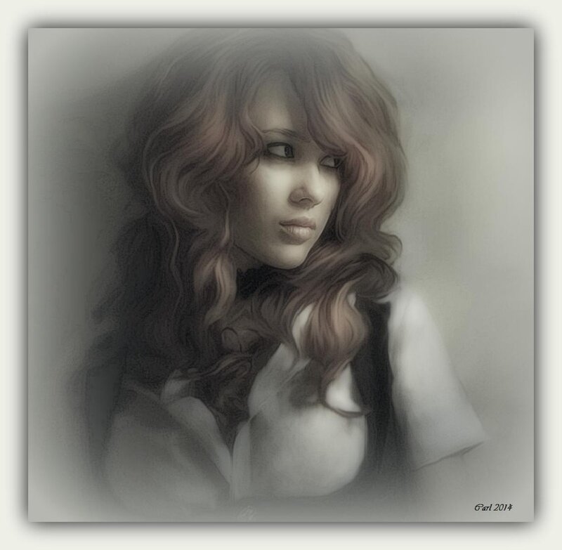 Woman with Wavy Hair — Gray, Dramatic, Digital Art