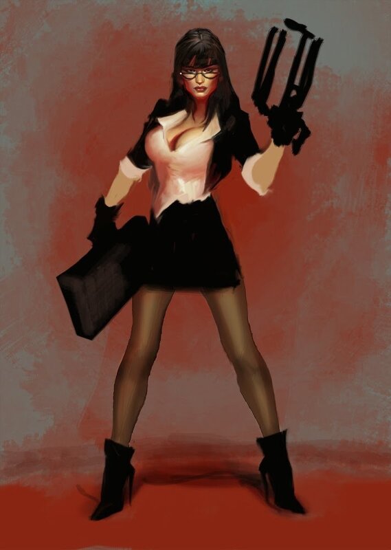 woman with weapon in red room