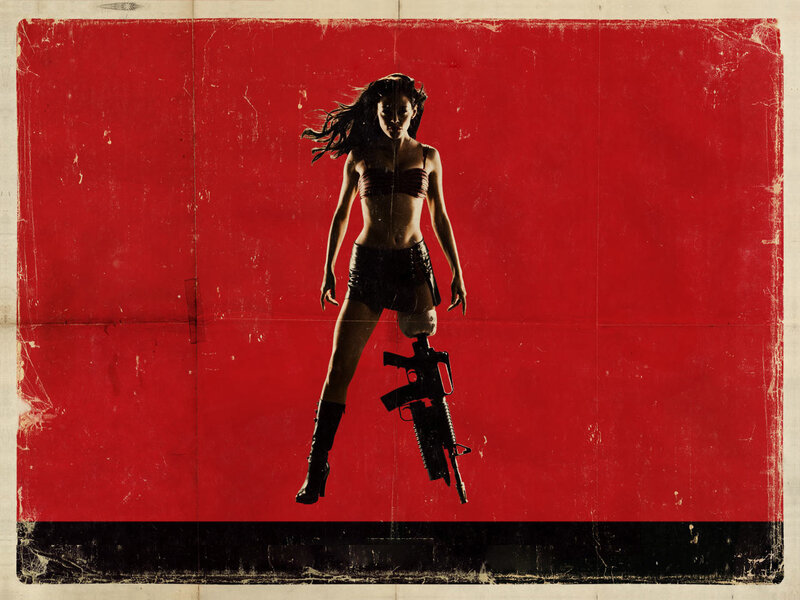 woman with weapon on red background