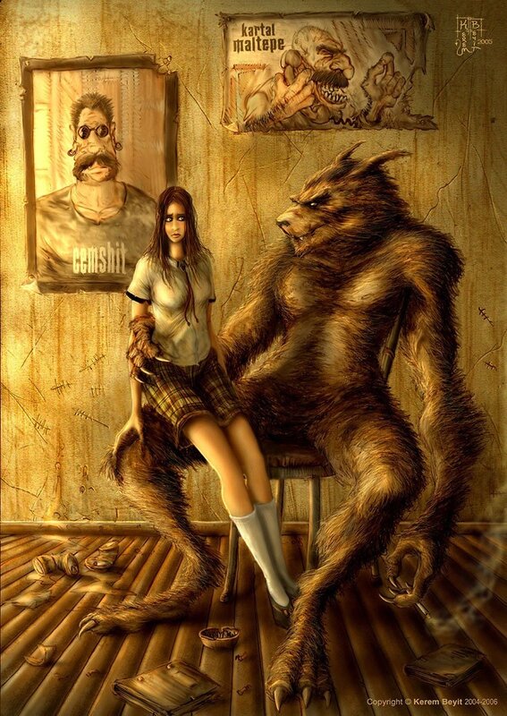 Woman with werewolf in room
