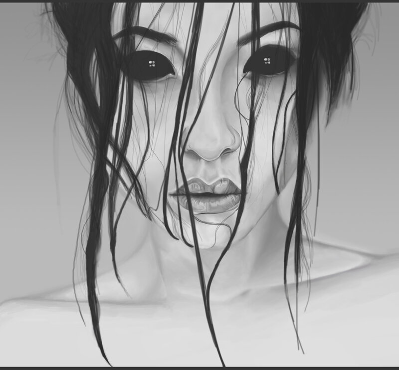 Woman with Wet Hair — Black, Dramatic, Digital Art, Eyes