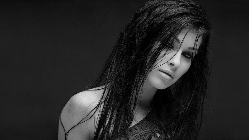 Woman with Wet Hair — Black, Dramatic, Photograph, Shoulder, Knitwear