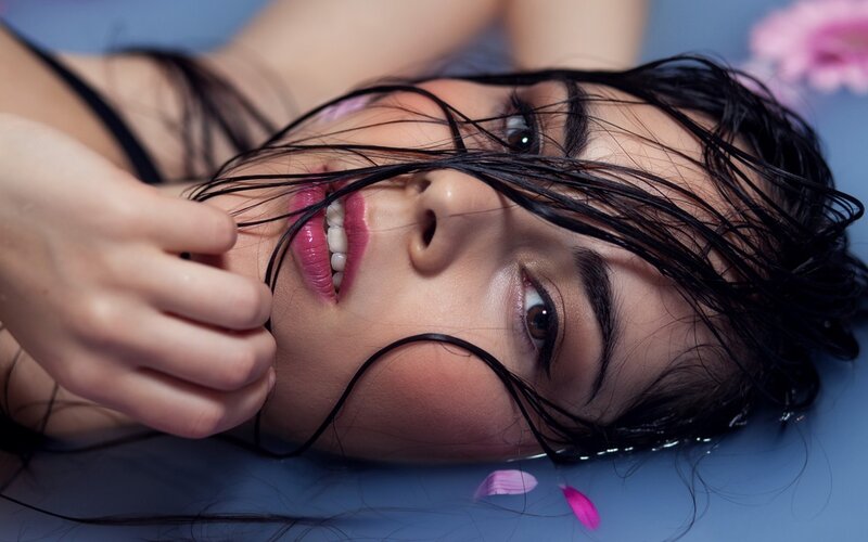 Woman with Wet Hair — Blue, Serene, Photograph