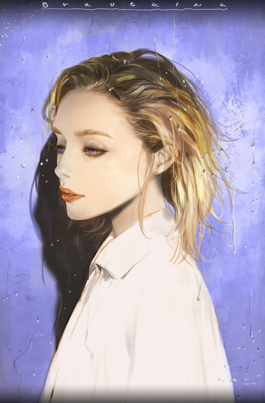 Woman with Wet Hair — Purple, Dramatic, Digital Art, Rain