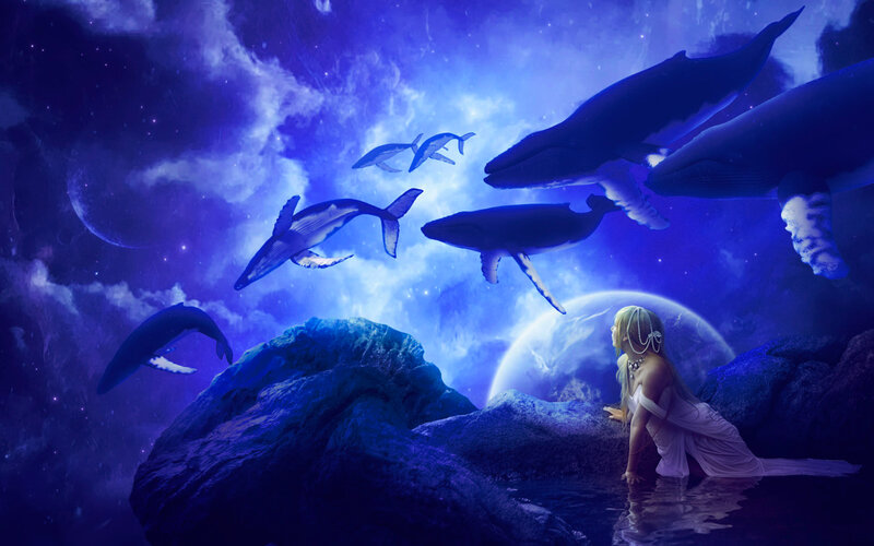 Woman with Whales — Blue, Dreamy