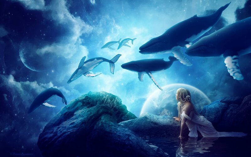 Woman with Whales — Blue, Serene