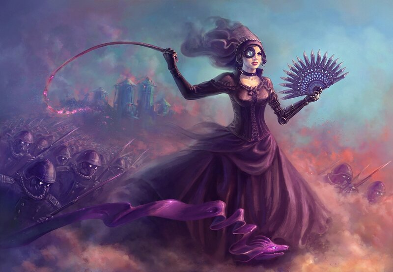 Woman with Whip and Fan — Purple, Dramatic, Digital Art, Army, City