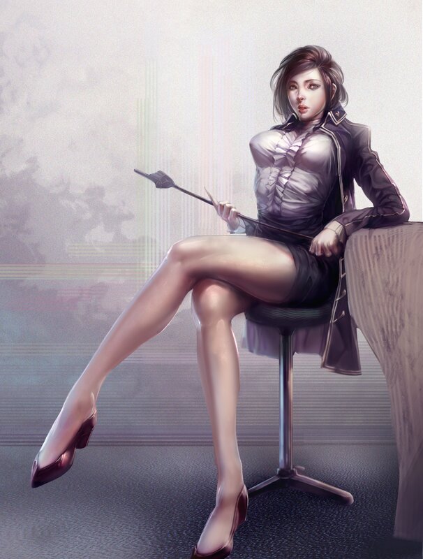 woman with whip sitting on stool