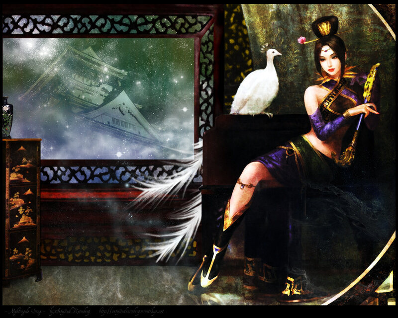 Woman with white bird in palace