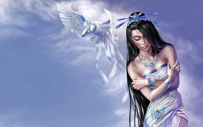 woman with white bird in sky