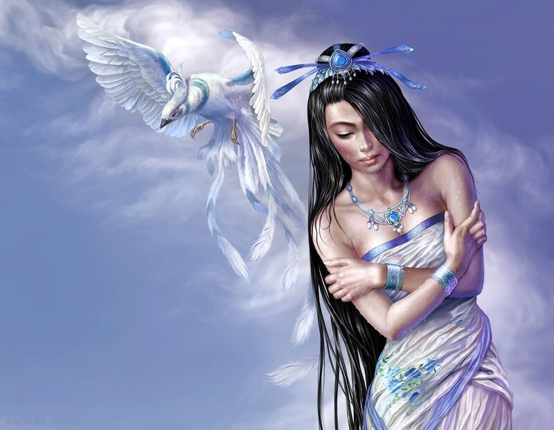 woman with white bird in sky