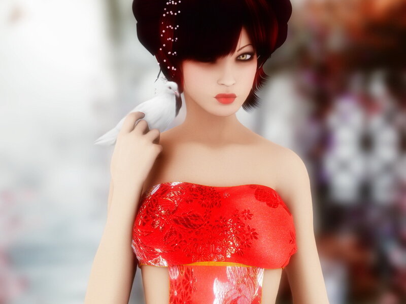 Woman with White Bird — Red