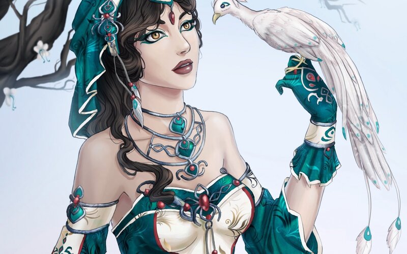 Woman with White Bird — Teal, Serene