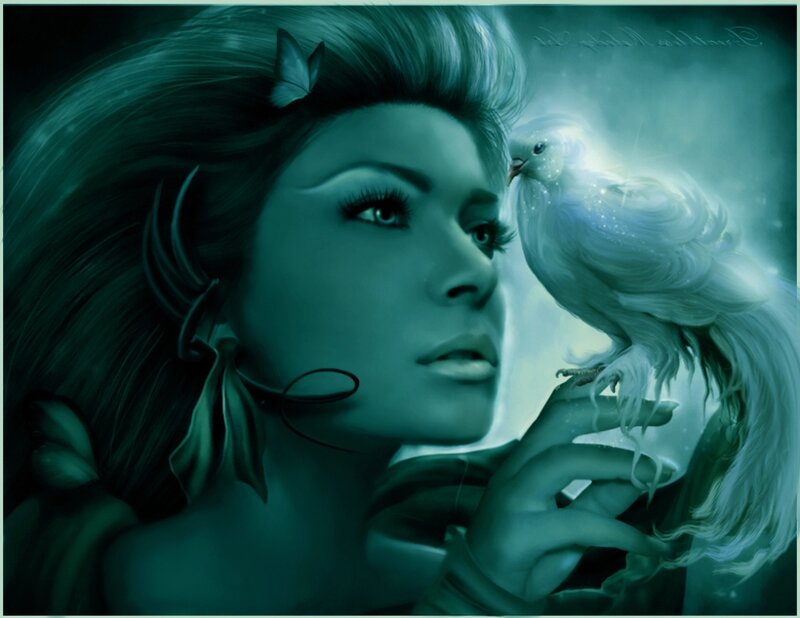 Woman with White Bird — Teal