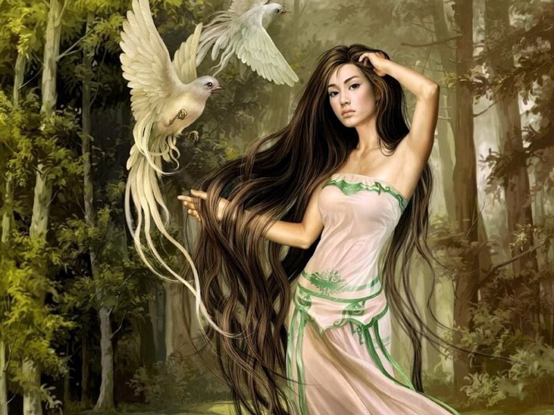 woman with white birds in forest