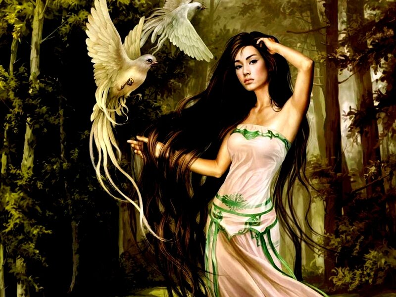 woman with white birds in forest
