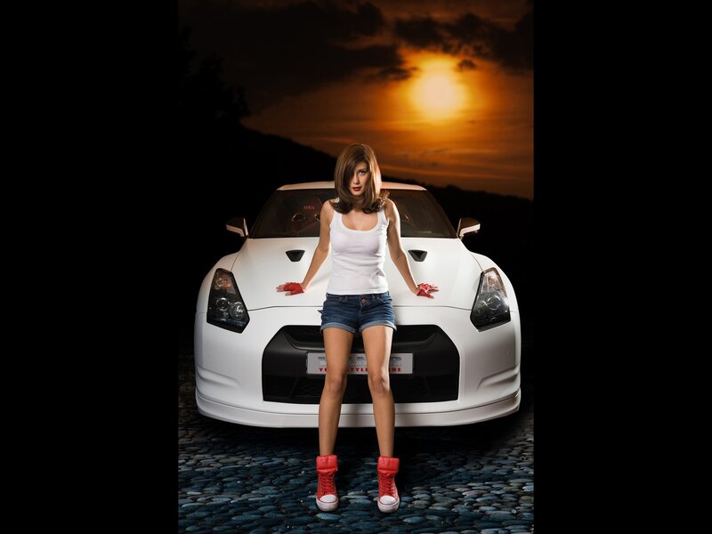 Woman with White Car — Dramatic, Sunset, Photograph