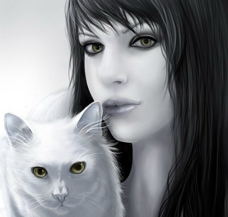 Woman with White Cat — Dramatic