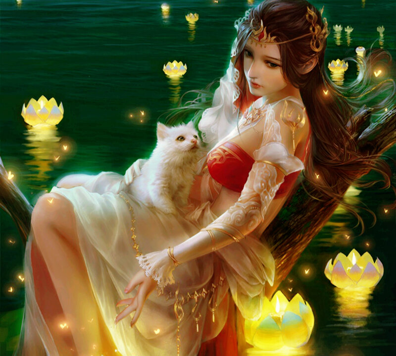 Woman with White Cat — Green, Serene