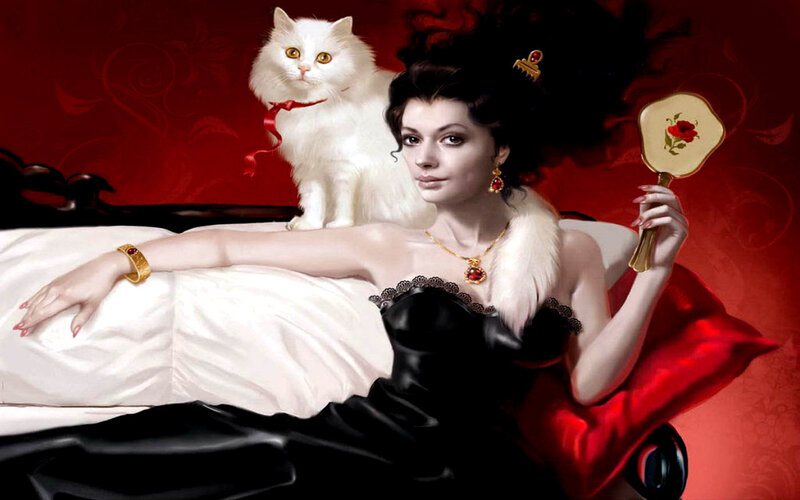 woman with white cat on bed