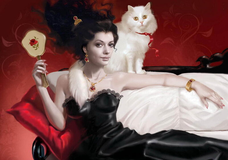 Woman with White Cat — Red, Dramatic, Digital Art, Mirror