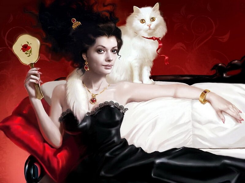 Woman with White Cat — Red, Dramatic