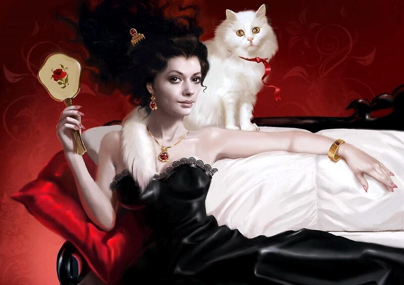 Woman with White Cat — Red
