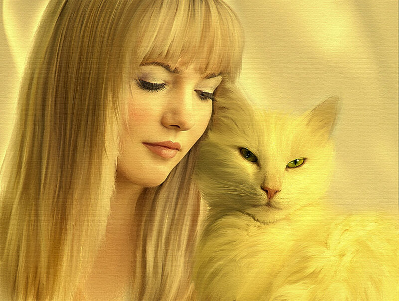 Woman with White Cat — Yellow