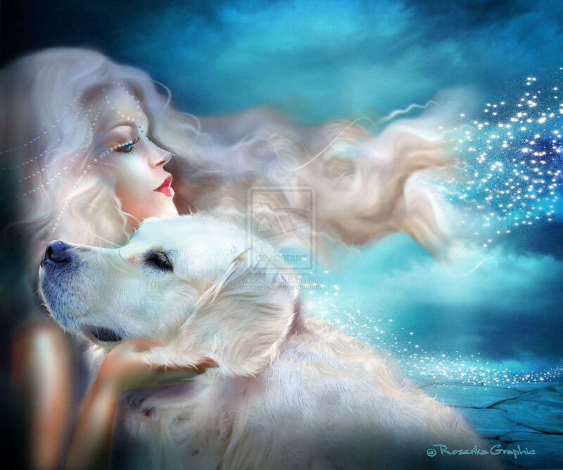 Woman with White Dog — Blue