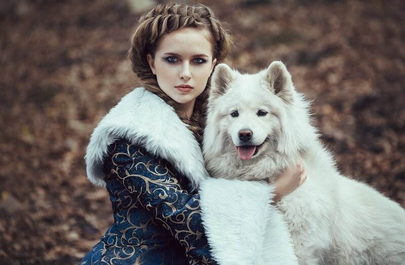 Woman with White Dog — Dramatic