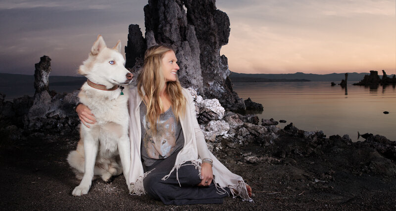 Woman with White Dog — Gray, Serene