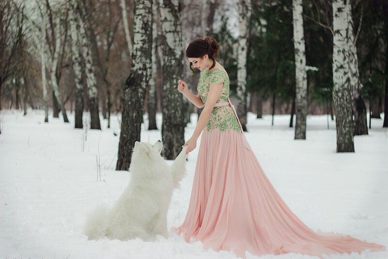 Woman with White Dog — Pink, Serene