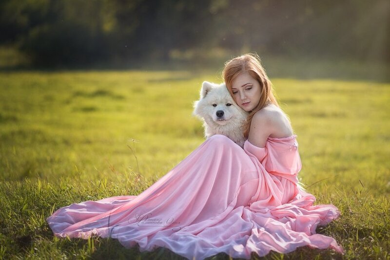 Woman with White Dog — Pink