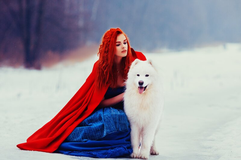 Woman with White Dog — Red, Dramatic