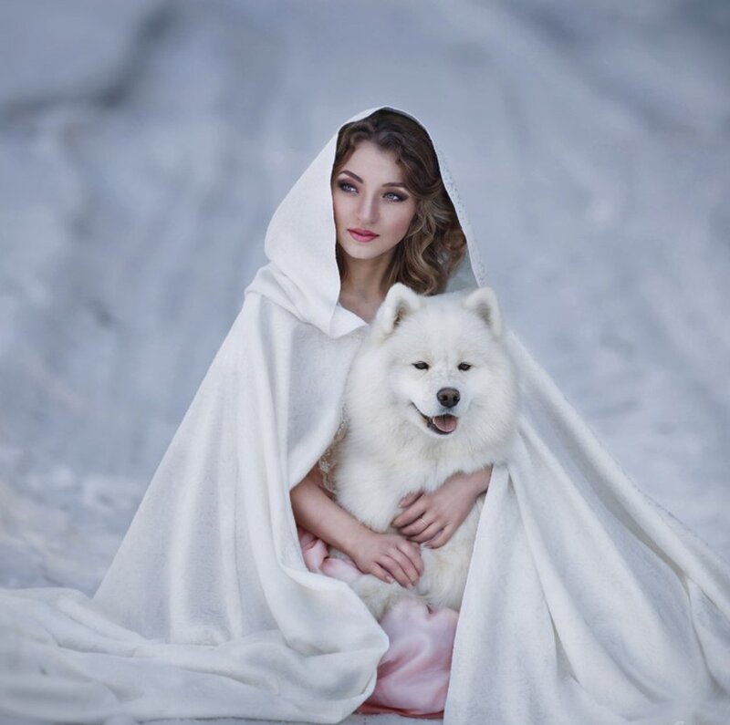 Woman with White Dog — Serene, Winter, Photograph, Blanket