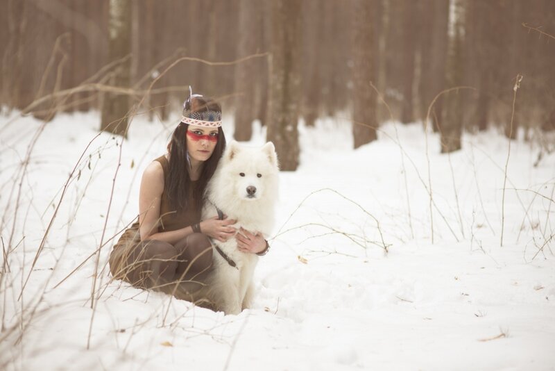 Woman with White Dog — Serene, Winter, Photograph, Forest