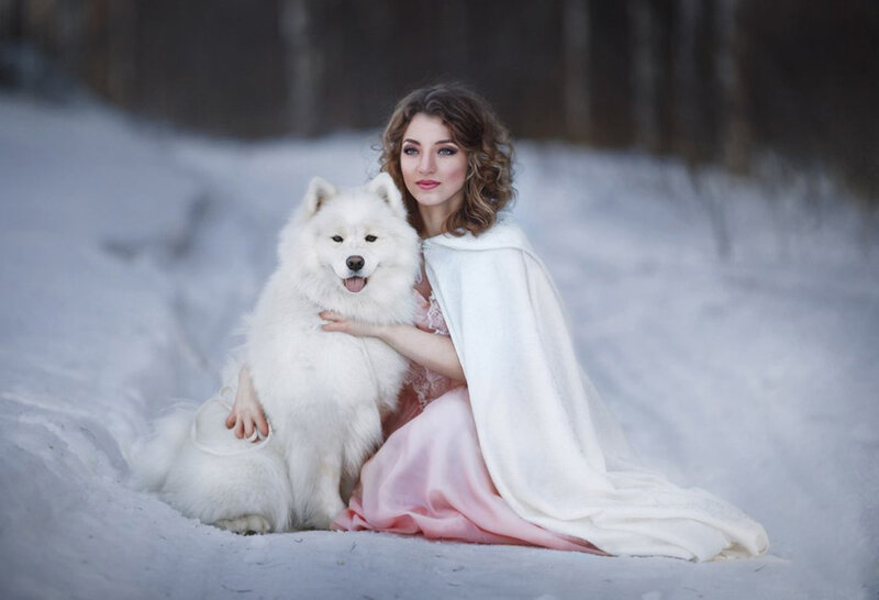 Woman with White Dog — Serene, Winter, Photograph, Snow