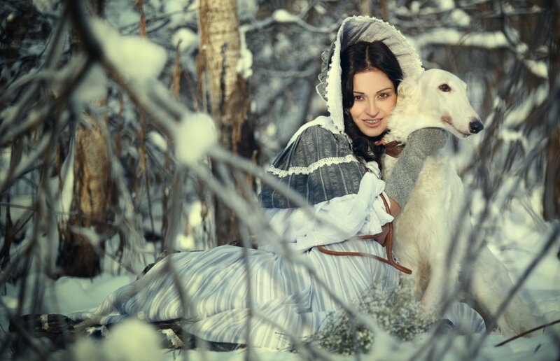 Woman with White Dog — Serene, Winter, Photograph