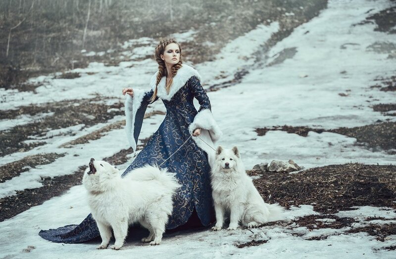 Woman with White Dogs — Blue