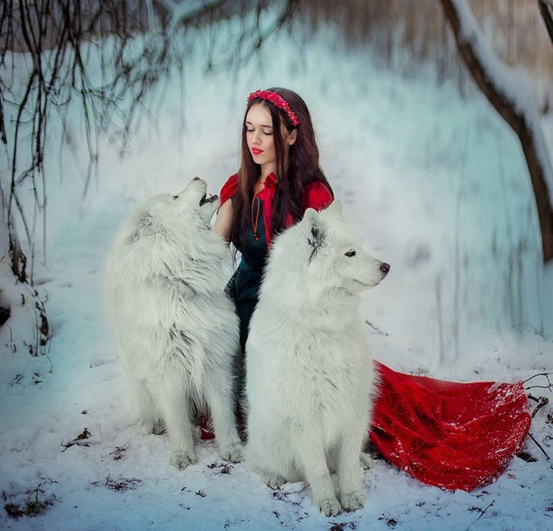Woman with White Dogs — Serene