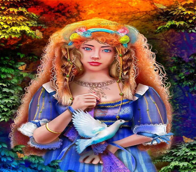 Woman with White Dove — Blue, Serene, Sunset